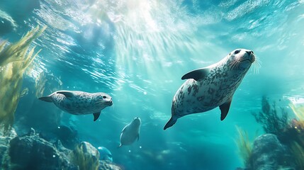 Fototapeta premium Underwater Grace: Harbor Seals in their Oceanic Realm