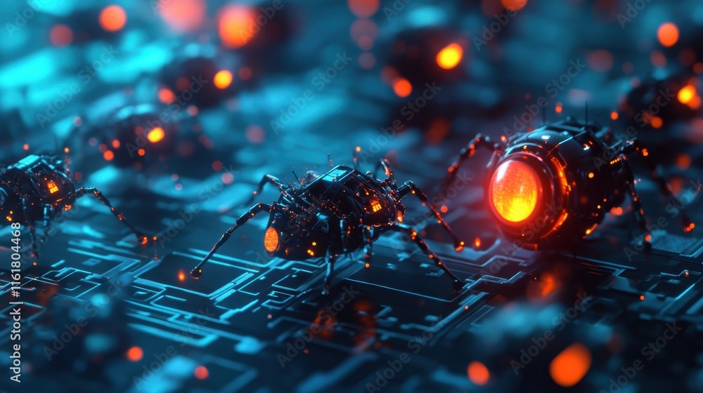 Poster tiny, futuristic nano robots performing tasks on a microscopic scale, glowing softly against a high-