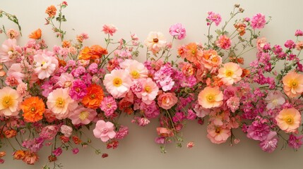 Dense floral border of pink and orange ranunculus and poppy