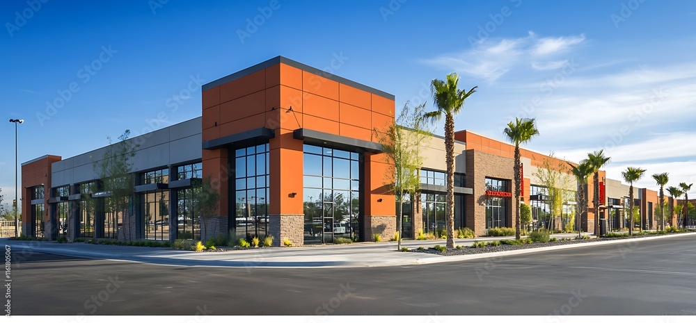 Poster modern commercial building with large windows and palm trees in a sunny setting.