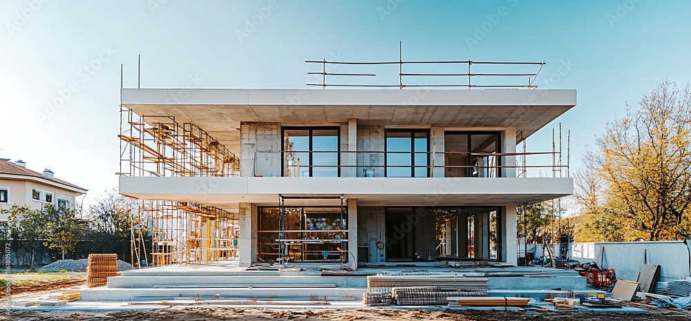 Poster modern building under construction with scaffolding and a clear sky.