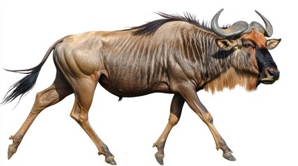 Fototapeta premium Blue wildebeest walking, isolated on white background.