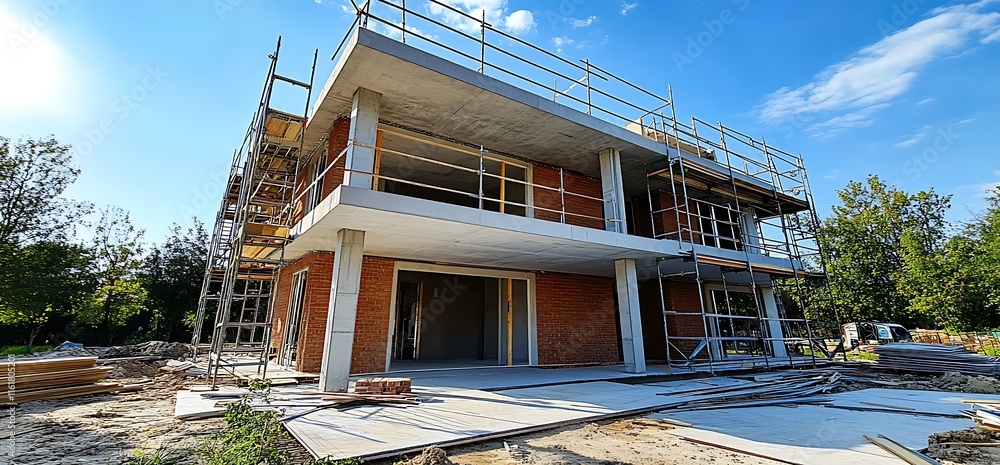 Poster modern building under construction with scaffolding and surrounding landscape.