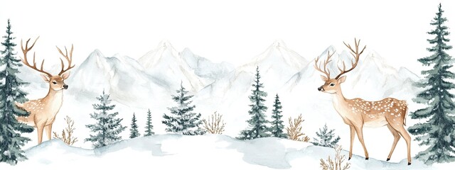 Naklejka premium A serene winter landscape featuring deer amidst snowy mountains and evergreen trees.
