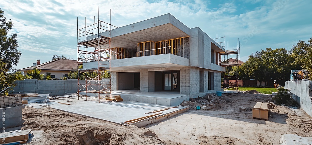 Poster modern construction site featuring a partially built house with scaffolding.