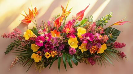 Fuchsia and yellow tropical flowers on taupe background with sunlight