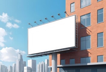 Obraz premium Empty billboard providing copy space near brick building with cityscape and sky background