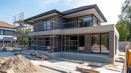 Modern house under construction with scaffolding and materials on site.