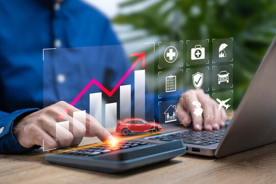Analysis of accident statistics and insurance premiums concept, Businesswoman analysis insurance graph of year, Accident Reduction, Cost control, Travel, Healthcare, Car, Work Safety, Compensation