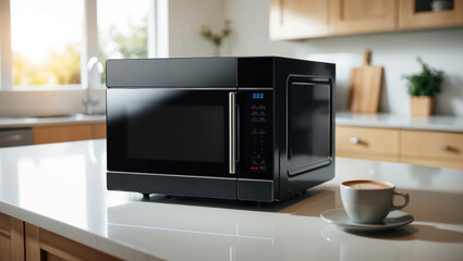 Fototapeta premium a stylish microwave oven with a matte black design and a glass door, set on a clean countertop. The surrounding kitchen is blurred, with hints of cabinets, a sink, and morning light.