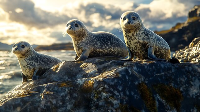 Three Harbor Seals Basking on a Rocky Coastline at Sunset