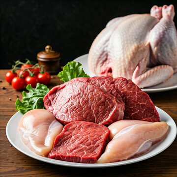 Raw meat assortment, beef, chicken, turkey in a plate. tasty delicious fresh raw meat in a plate on a wooden background.