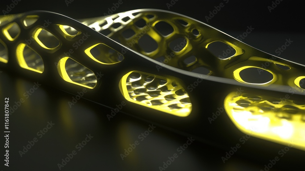 Poster close-up of a yellow illuminated 3d printed lattice structure with intricate details on a dark backg