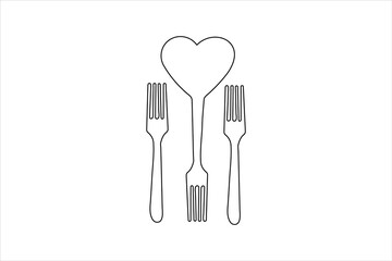 Knife and fork one line drawing of minimalist vector icon with black and white background 
