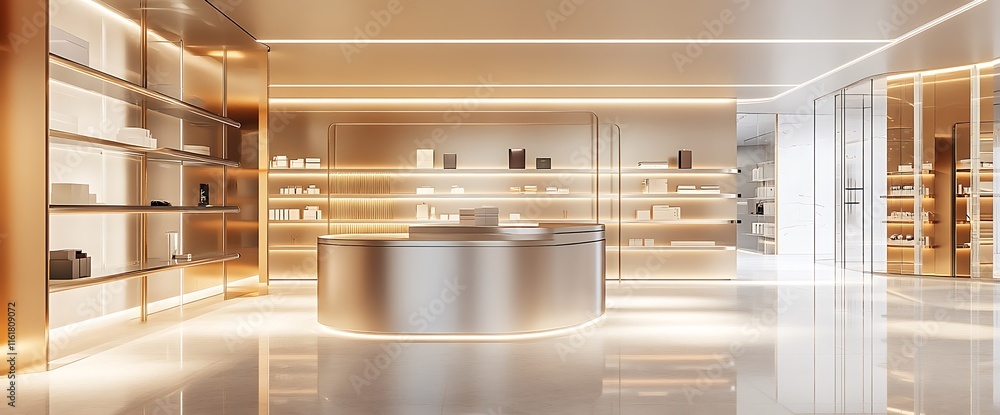 Poster modern reception area with sleek design and illuminated shelves.
