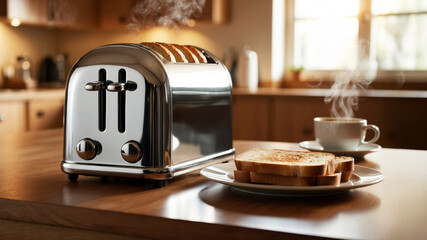 A polished two-slot toaster sitting on a clean countertop. Golden toast is placed nearby on a small plate with a steaming cup of black coffee in a white ceramic mug.