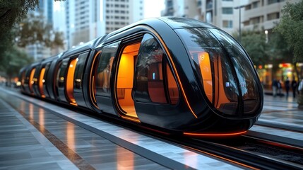 Futuristic electric train at city station.