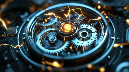 Close-up of intricate metallic gears with glowing energy sparks, representing innovation and complex mechanisms.
