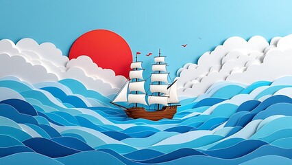 Chinese mountain landscape with sailboat in style of paper cut illustration