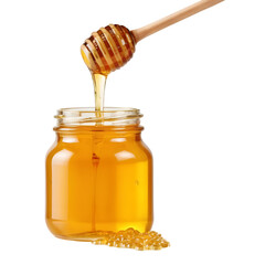 a jar of creamy honey oozes golden droplets when tilted viscous Transparent Background.