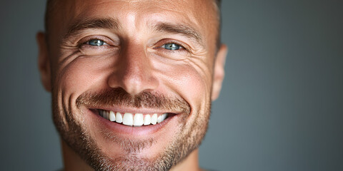 Naklejka premium Smiling Caucasian adult man close-up portrait with a warm expression on a simple background