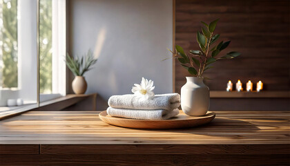 3d rendering of a wooden table with two white towels folded neatly and a white vase and a small white flower in it
