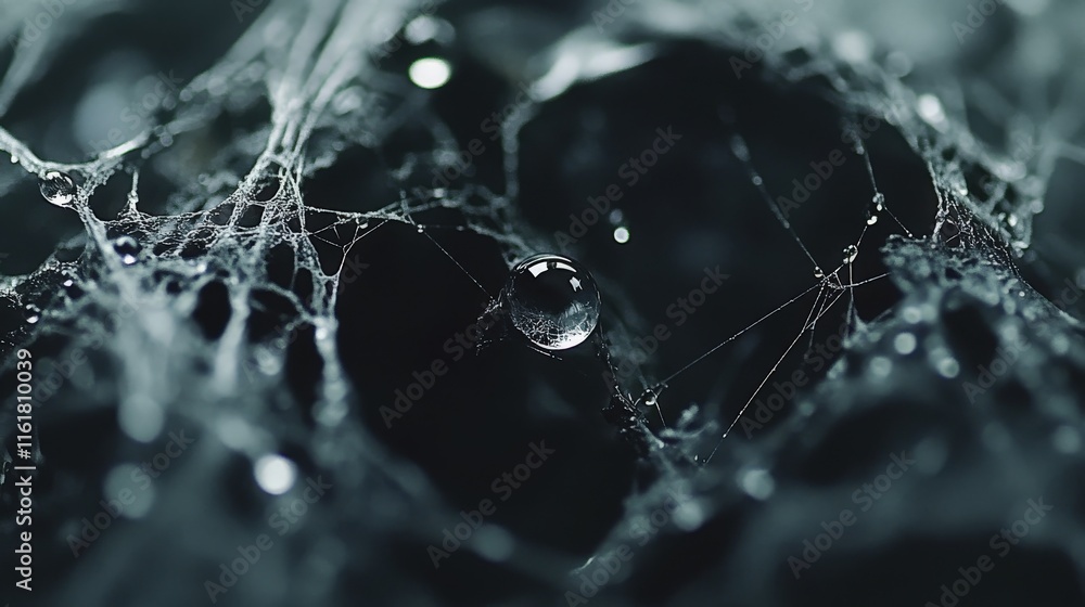 Aufkleber Close-Up of Dew Drops on Delicate Spider Web with a Dark Background, Revealing Intricate Patterns and Textures of Nature's Design and Beauty