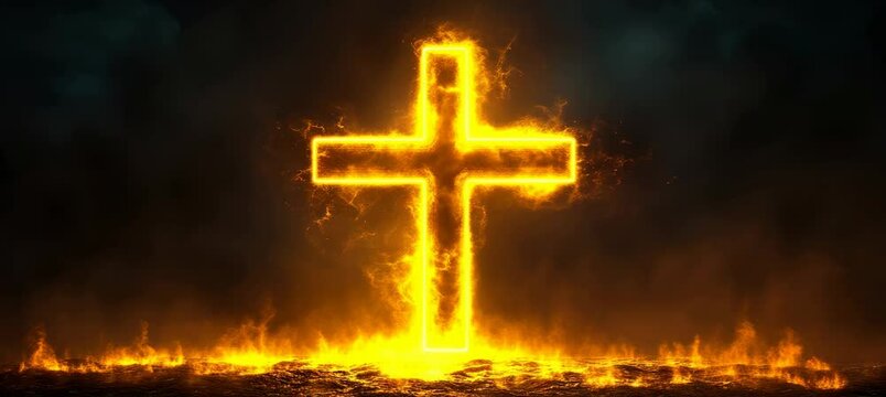 Jesus Cross symbol on burning yellow flame. Christianity religion faith worship spirituality concept. Generative video AI technology.