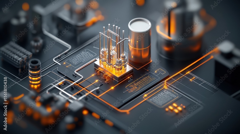 Aufkleber high-detail close-up of a modern circuit board with glowing components and intricate wiring, represe