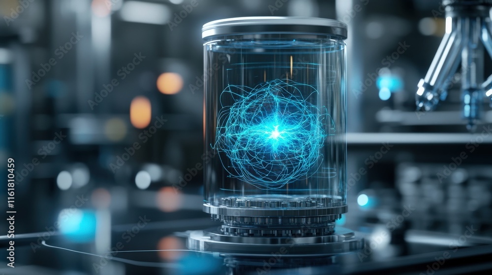 Aufkleber Futuristic Laboratory Displaying a Glowing Energy Sphere Encased in Glass with Intricate Digital Graphics and Science Fiction Elements for Advanced Technology Concepts