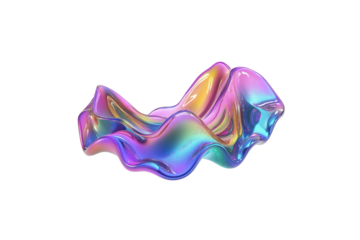 3D rendering of isolated rainbow holographic liquid waves on white background.