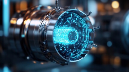 Obraz premium Futuristic Technology Concept Featuring a Glowing Blue Energy Core within a Complex Mechanical Device Emitting Electric Sparks and Visualizing Data Streams