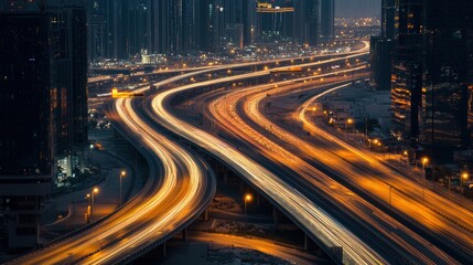 Breathtaking Night View of a Vibrant City Highway with Flowing Traffic Lights and Skyscrapers Illuminating the Urban Landscape in a Modern Metropolis