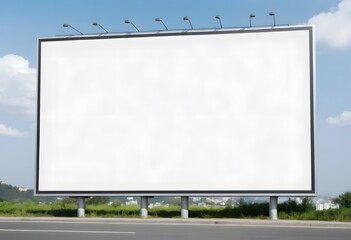 Fototapeta premium Blank white billboard with lights by a road with blue sky and clouds providing advertising space