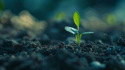 sustainability concept: single green sprout growing from cracked dry earth, representing resilience, new life, hope in challenging conditions. Symbol of sustainability,growth and renewal in nature.