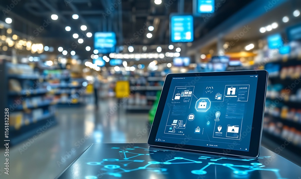 Poster tablet displaying data analytics in a modern retail environment.