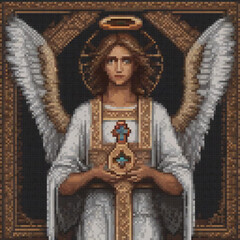 Obraz premium Angelic cross stitch artwork featuring a serene angel holding a cross.