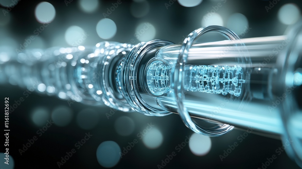 Poster abstract close-up of a transparent glass tube with blue light and bokeh background, highlighting tec