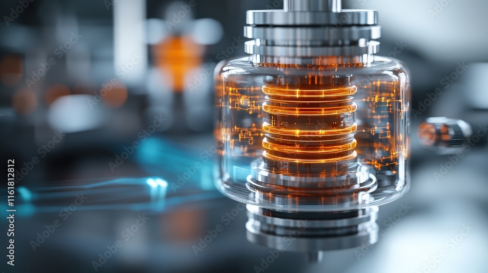 Poster Close-Up View of a Transparent Electrical Component with Glowing Coils and Modern Design Featuring Innovative Technology and Engineering Principles