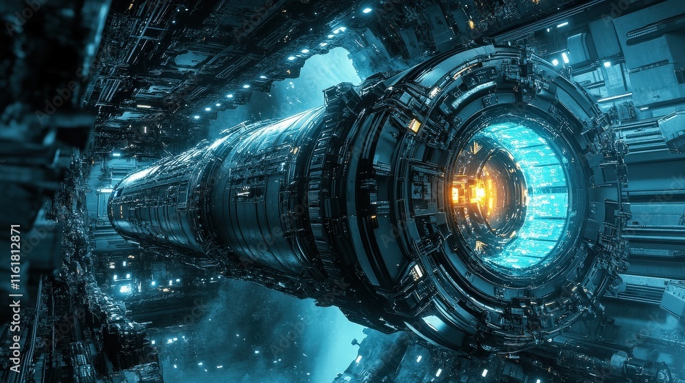 Aufkleber Futuristic sci-fi space station concept with a glowing cylindrical structure and intricate mechanical details, set in a dark ambient environment with blue illumination.