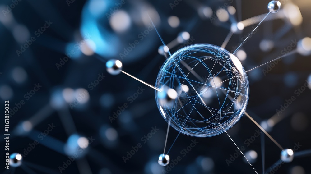 Poster Abstract Representation of Quantum Particles and Energy Fields with Blue and Silver Spheres Connected by Lines for Science and Technology Themes