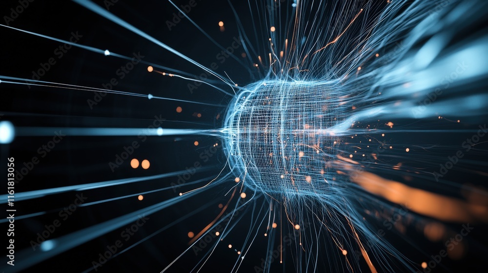 Aufkleber Abstract representation of digital data flowing through a network, showcasing intricate light trails and glowing particles for a futuristic look and feel in technology and innovation themes.