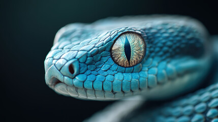 Obraz premium Close up of vibrant blue snake showcasing its intricate scales and striking eye. image captures beauty and detail of this reptile