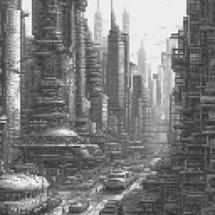 Pixel art captures a classic city street scene in monochrome.