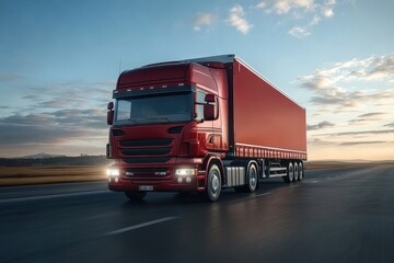 A large red truck is seen cruising along a highway at sunset, showcasing a vibrant sky filled with soft clouds and distant hills, illustrating the journey and freedom of travel.