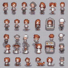 Pixel art characters in various poses, perfect for retro gaming enthusiasts.