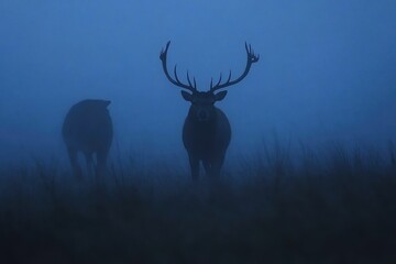Two deer appear as silhouettes against a foggy backdrop, creating a mystical atmosphere in a serene landscape during dawn. Their antlers stand out prominently.