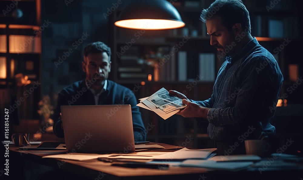 Poster two men discussing documents in a dimly lit office setting at night.