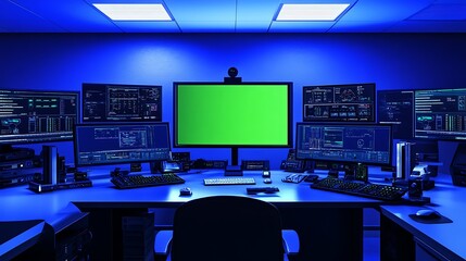 Fototapeta premium Futuristic control room with multiple monitors and green screen.