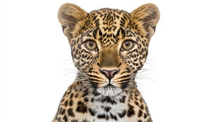 Fototapeta premium Close-up portrait of a young leopard against a white background.